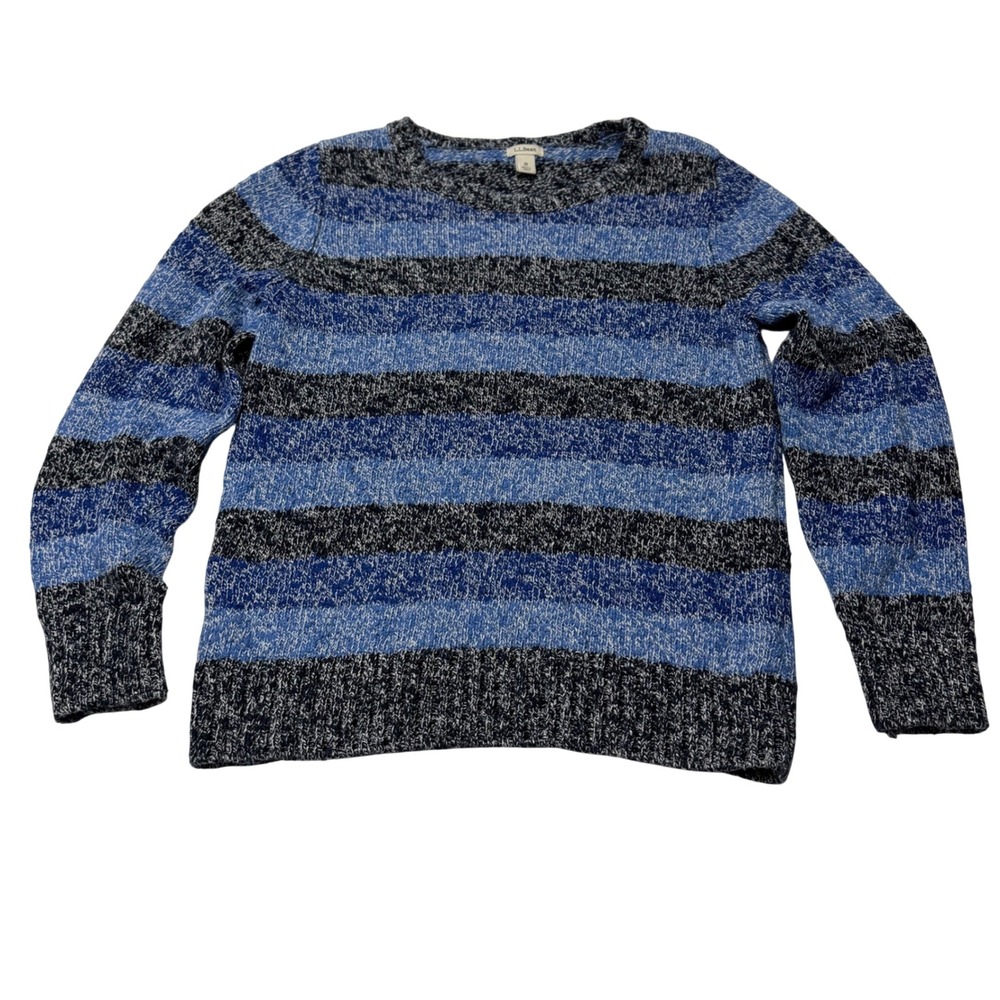 LL Bean Crewneck Sweater Womens Medium Petite Blue Striped 100% Cotton Knit